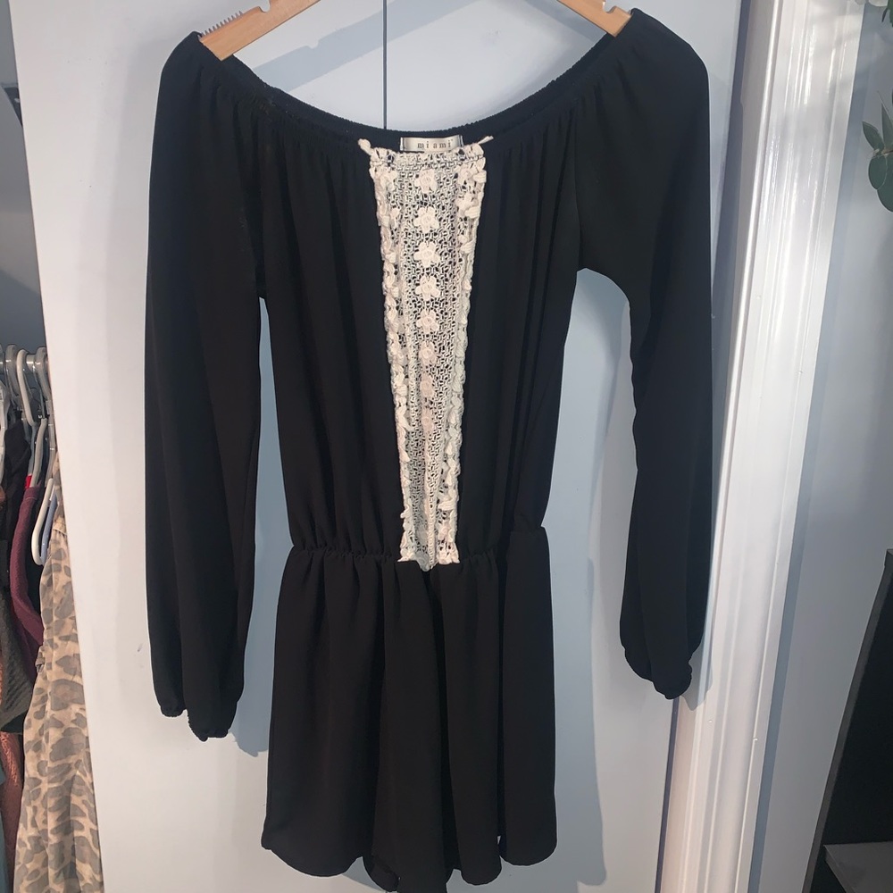 Miami Black Long Sleeve Romper with Lace Detail